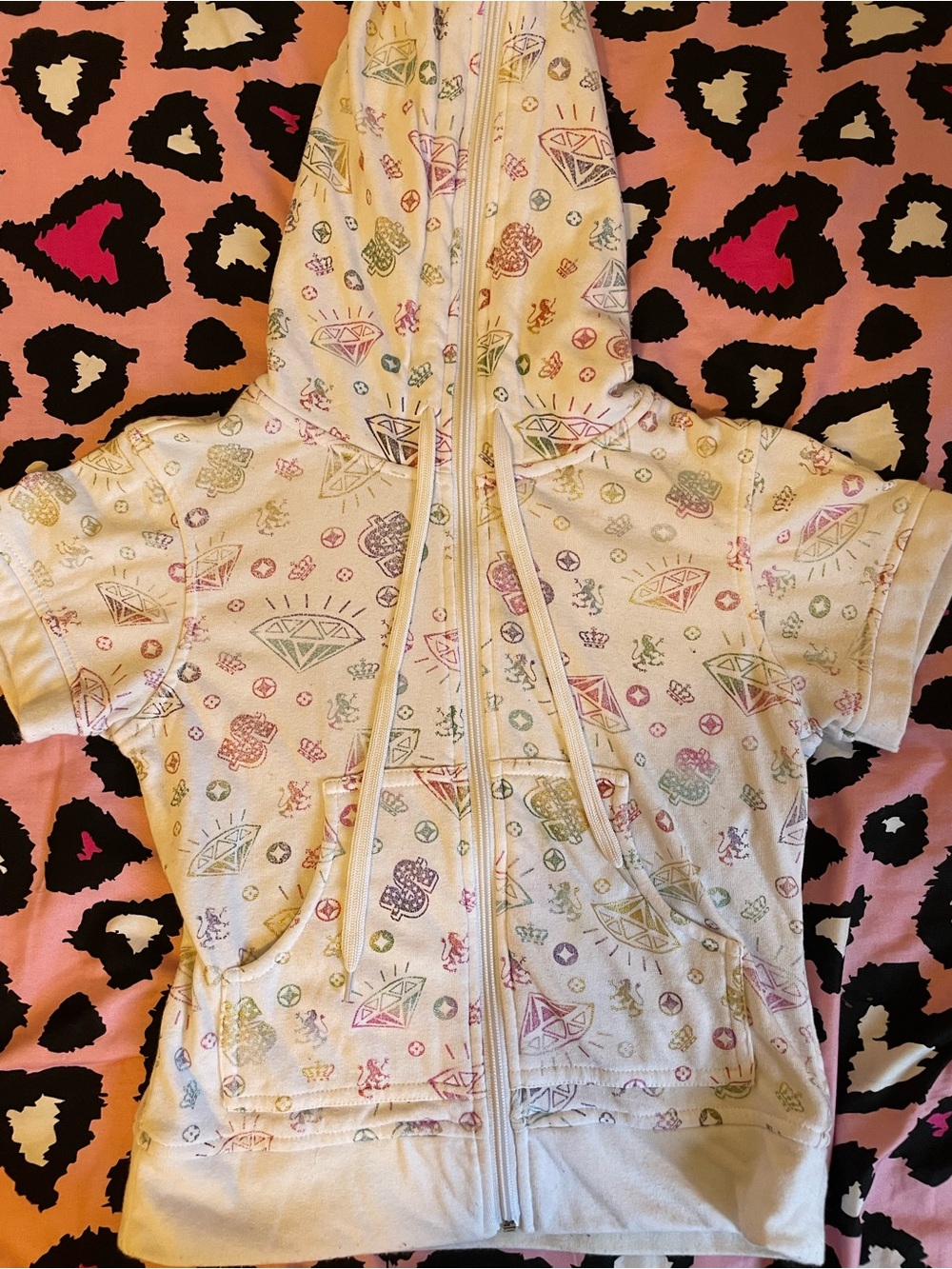Girls' White Hooded Zip Jacket with Fun Colorful Print